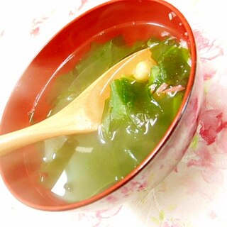 白だし生姜ｄｅ❤ワカメとひよこ豆とカニかまのスープ
